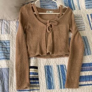 Tan knit cardigan twin set, tie front